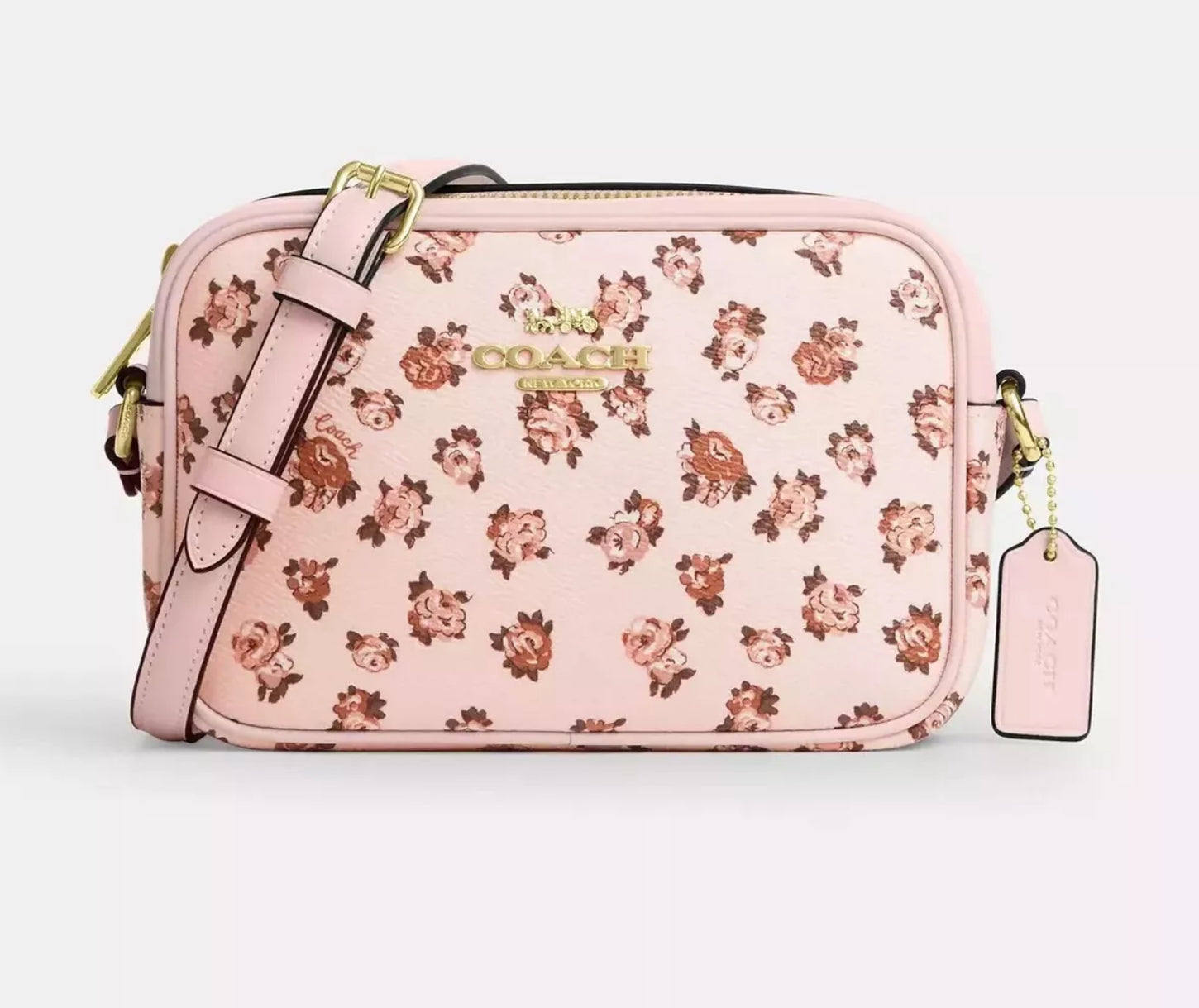 NWT Coach Mini Jamie Camera Bag With Rose Print In Gold/Blush Multi