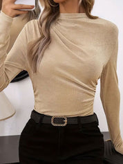 Ruched Mock Neck Long Sleeve T-Shirt