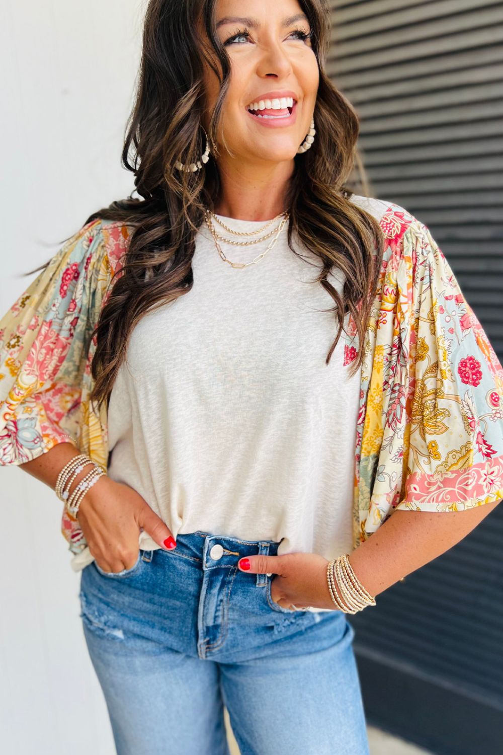 Printed Round Neck Flutter Sleeve Blouse