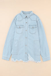 Flap Pocket Raw Hem Denim Jacket