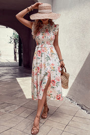 Perfee Floral Smocked Butterfly Sleeve Slit Dress