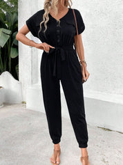 Perfee V-Neck Short Sleeve Jumpsuit