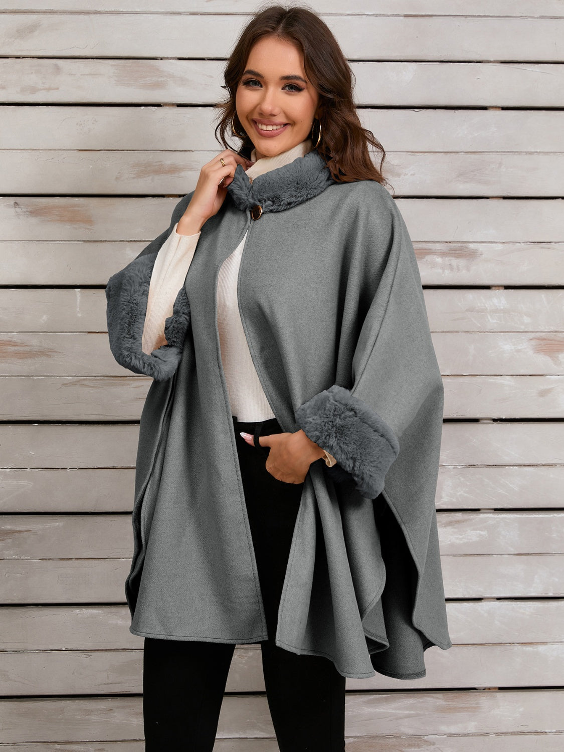 Fuzzy Trim Long Sleeve Poncho