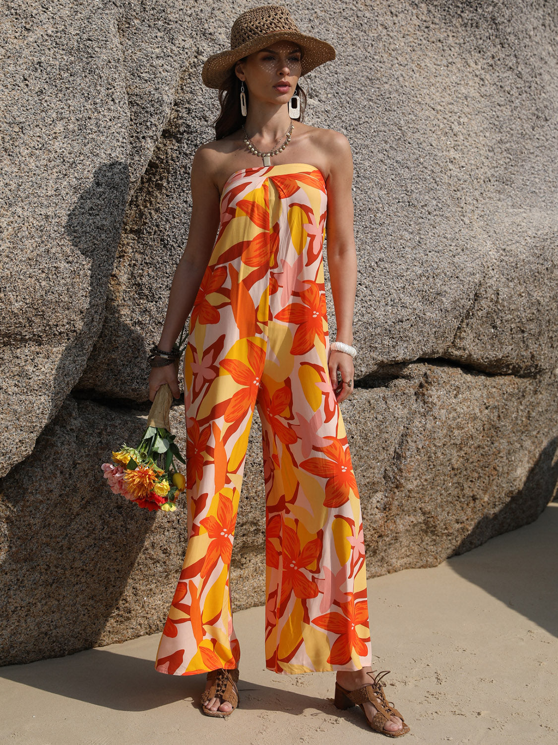 Tied Printed Tube Wide Leg Jumpsuit