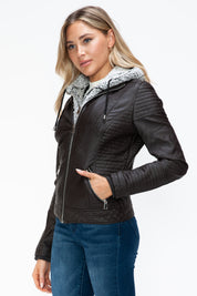 YMI Faux Layered Double-Zipper Jacket with Fuzzy Hood