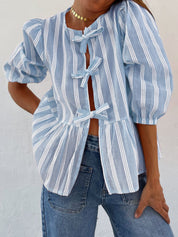 Tied Round Neck Balloon Sleeve Shirt