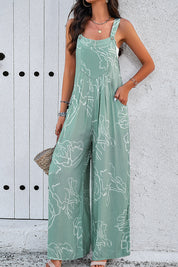 Devine Printed Wide Strap Jumpsuit with Pockets