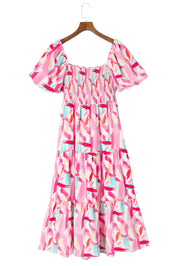 Printed Square Neck Tied Smocked Dress