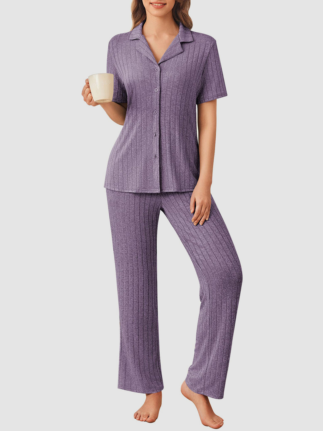 Button Down Long Sleeve Top and Pants Lounge Set