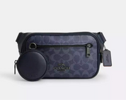 Coach Elias Belt Bag In Smooth Leather & Signature Canvas Denim/ Midnight Navy