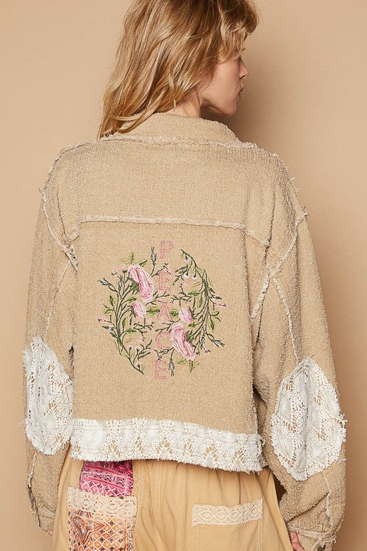 POL Crochet Patch Embroidered Button Up Jacket