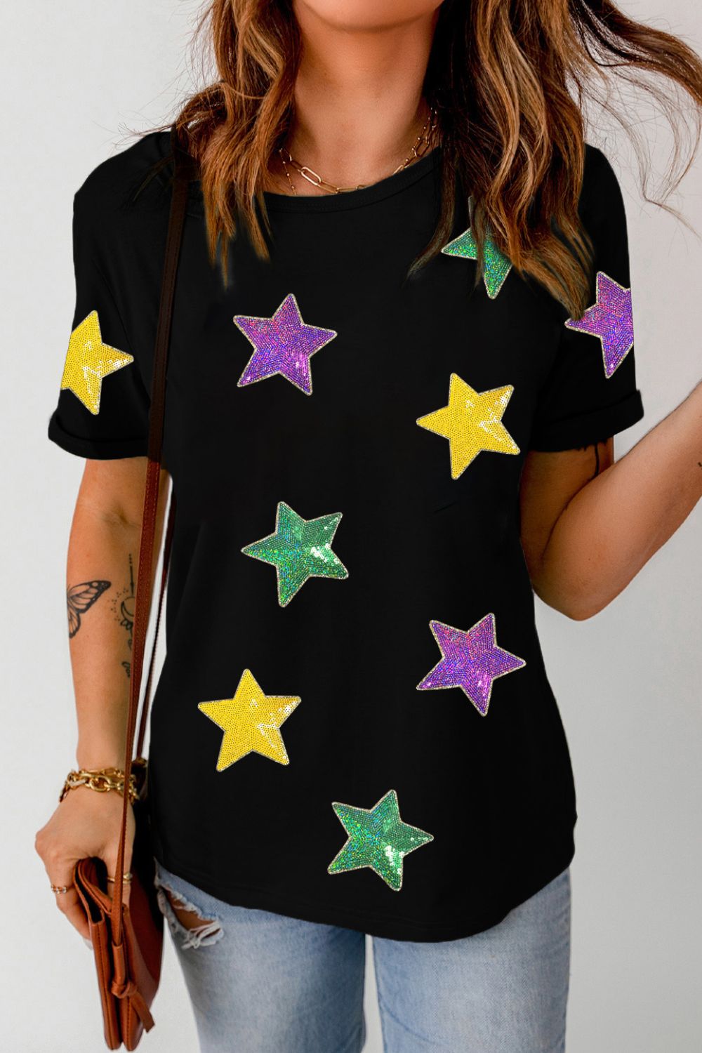 Sequin Stars Patched Round Neck T-Shirt