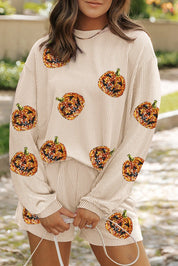 Sequin Pumpkin Round Neck Top and Shorts Set