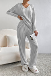 Ribbed V-Neck Top and Pants Lounge Set