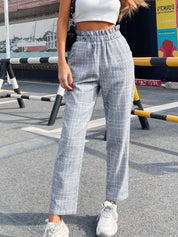 Plaid Elastic Waist Straight Pants