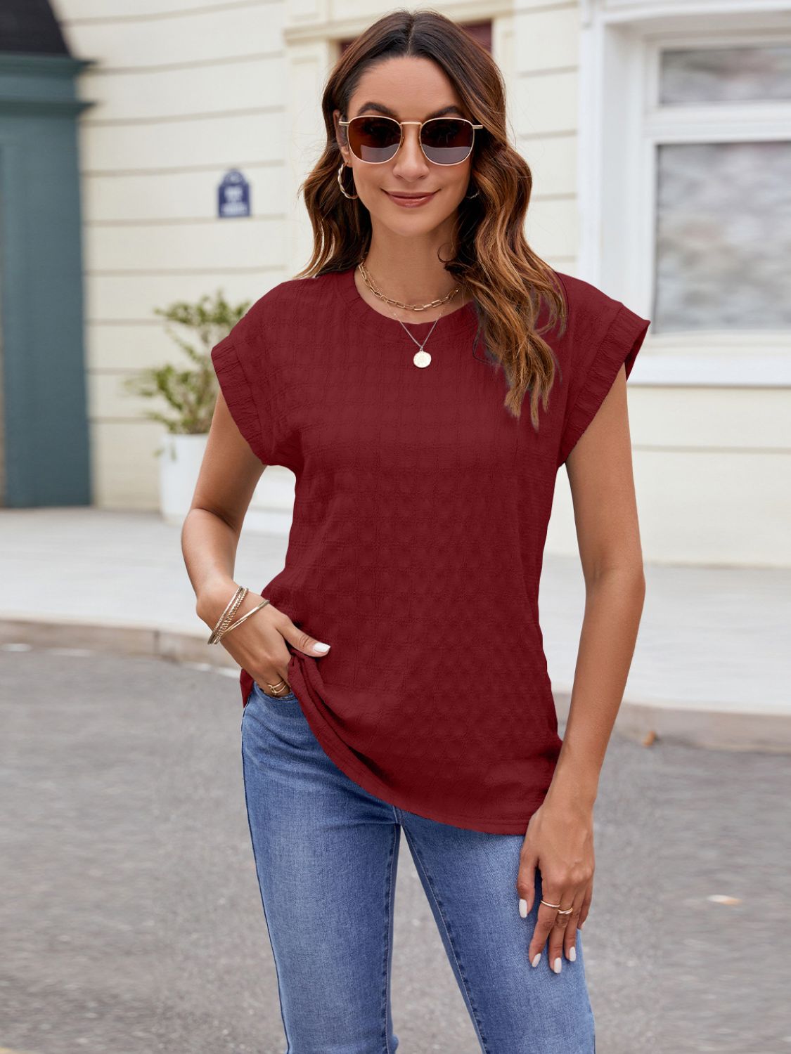 Textured Round Neck Cap Sleeve T-Shirt