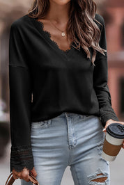 Lace Detail V-Neck Long Sleeve T-Shirt