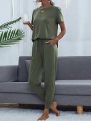 Shiny Round Neck Short Sleeve Top and Pants Set