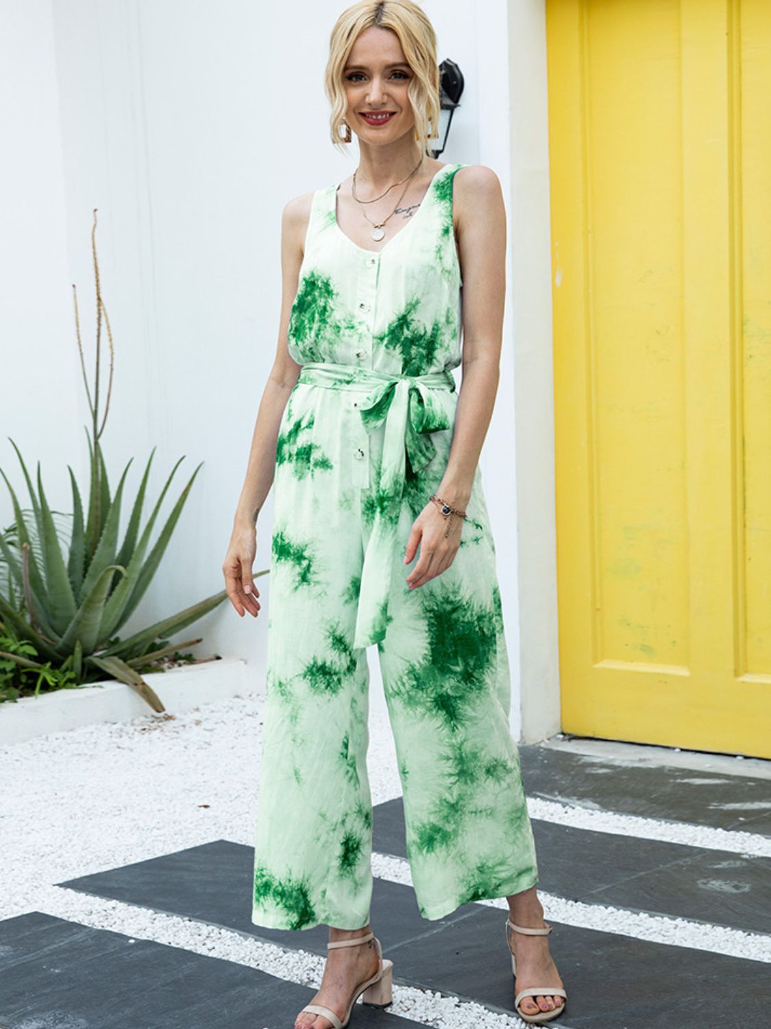 Ivy Lane Tie-Dye Tie Waist Sleeveless Jumpsuit