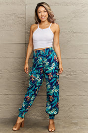 Perfee Smocked Plant Print Long Pants