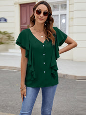 Ruffled V-Neck Short Sleeve Top