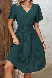 Perfee Buttoned V-Neck Flutter Sleeve Pleated Dress