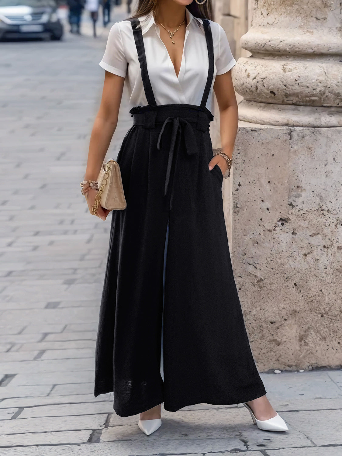 Perfee Tied Wide Leg Pants with Shoulder Straps