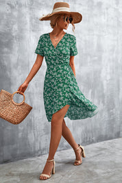 Floral Surplice Neck Flutter Sleeve Dress