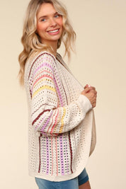 Haptics Full Size Striped Crochet Open Front Cardigan