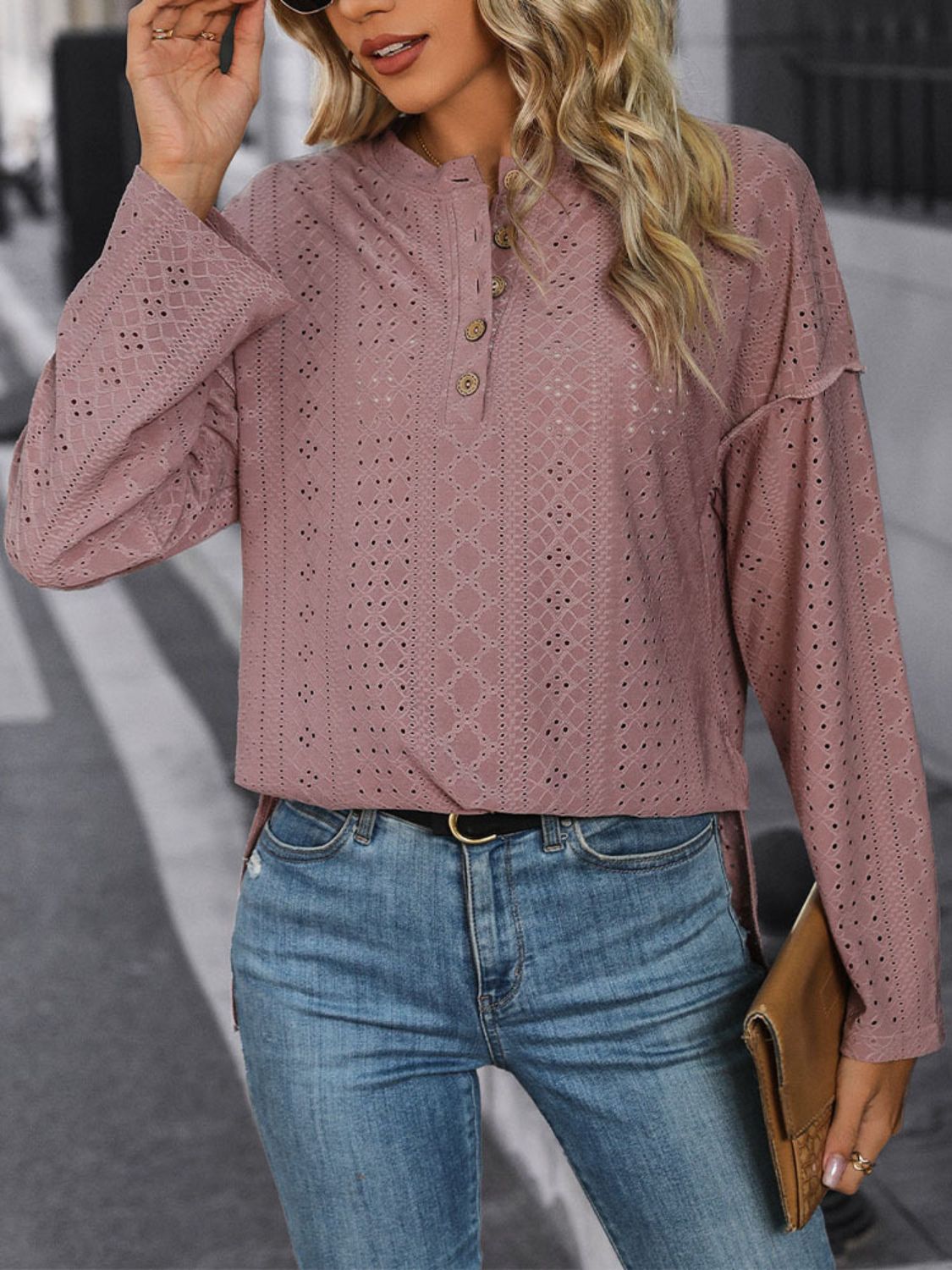 Perfee Eyelet Round Neck Long Sleeve Top