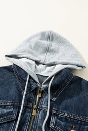 Fake Two-Piece Hooded Zip-Up Denim Jacket