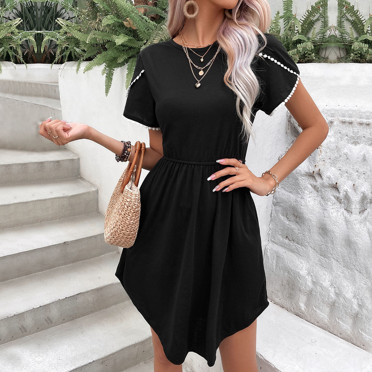 Perfee Round Neck Petal Sleeve Dress with Pockets