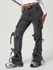 Bow Tied Mid Rise Jeans with Cargo Pockets