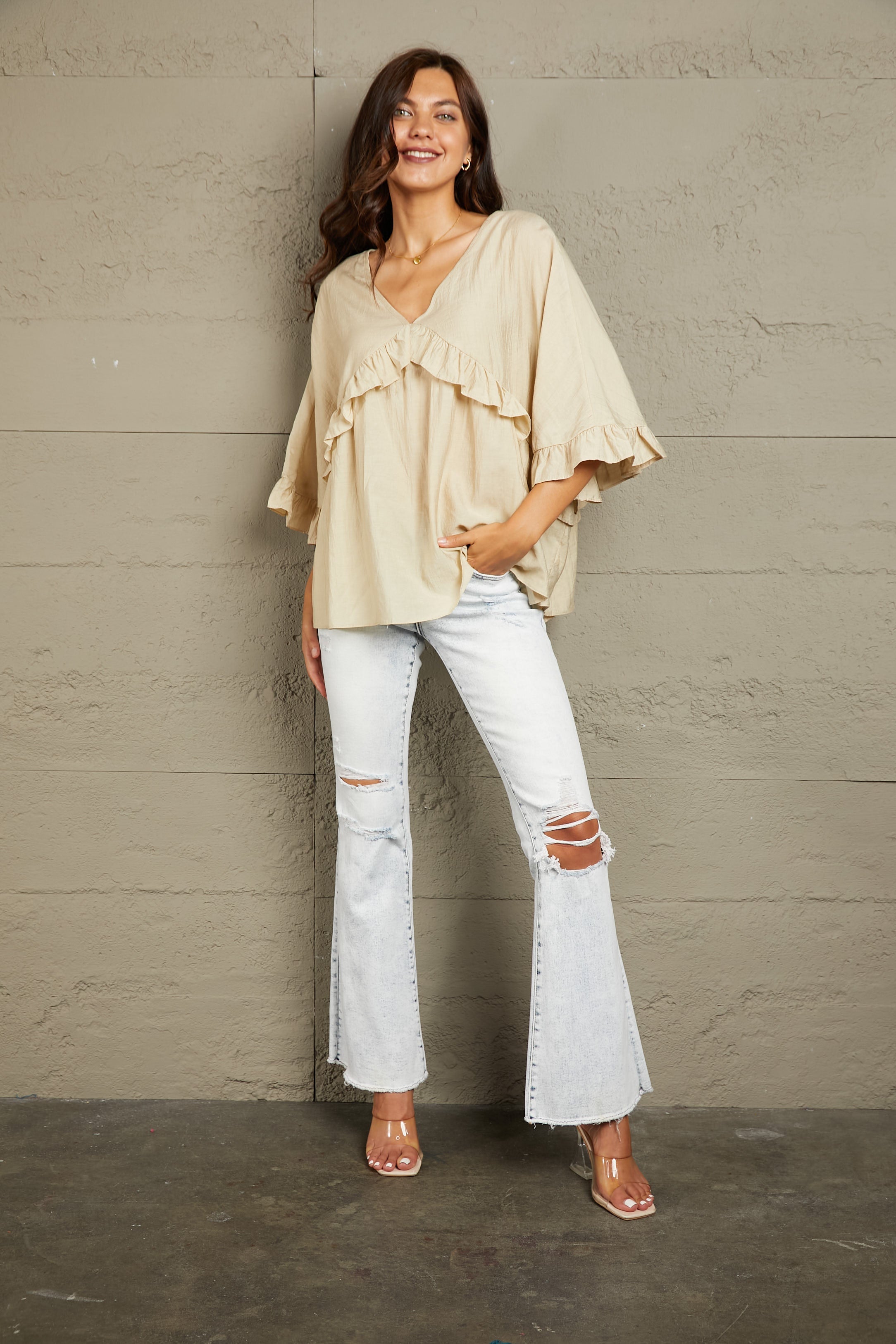 Ruffled V-Neck Half Sleeve Blouse