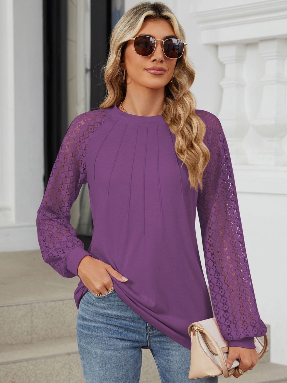 Round Neck Lace Long Sleeve Top