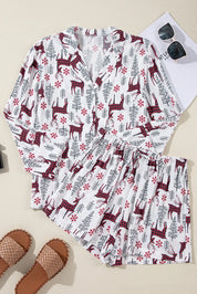 Printed Collared Neck Long Sleeve Top and Shorts Lounge Set