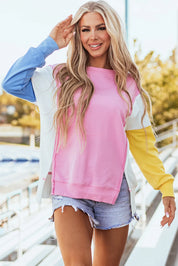 Slit Contrast Round Neck Long Sleeve Sweatshirt