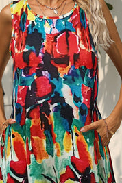 Shiny Printed Round Neck Sleeveless Dress with Pockets