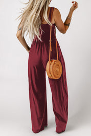 Smocked Square Neck Wide Leg Jumpsuit with Pockets