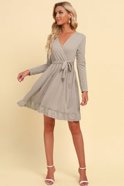 Long Sleeve Tie Waist Ruffle Hem Dress