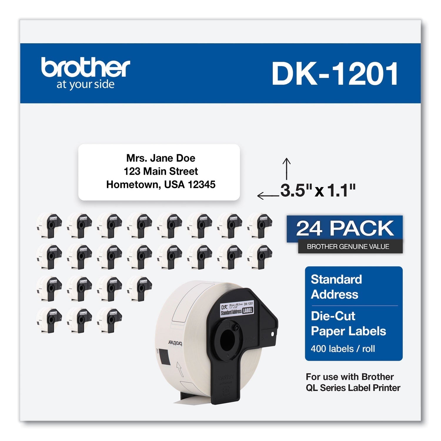 Brother Die-Cut Address Labels, 1.1 x 3.5, White, 400 Labels/Roll, 24 Rolls/Pack