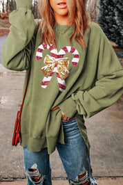 Sequin Candy Cane Round Neck Slit Sweatshirt