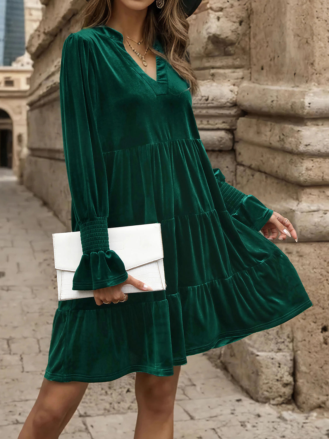 Perfee Notched Long Sleeve Tiered Dress