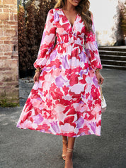 Devine Printed V-Neck Long Sleeve Midi Dress