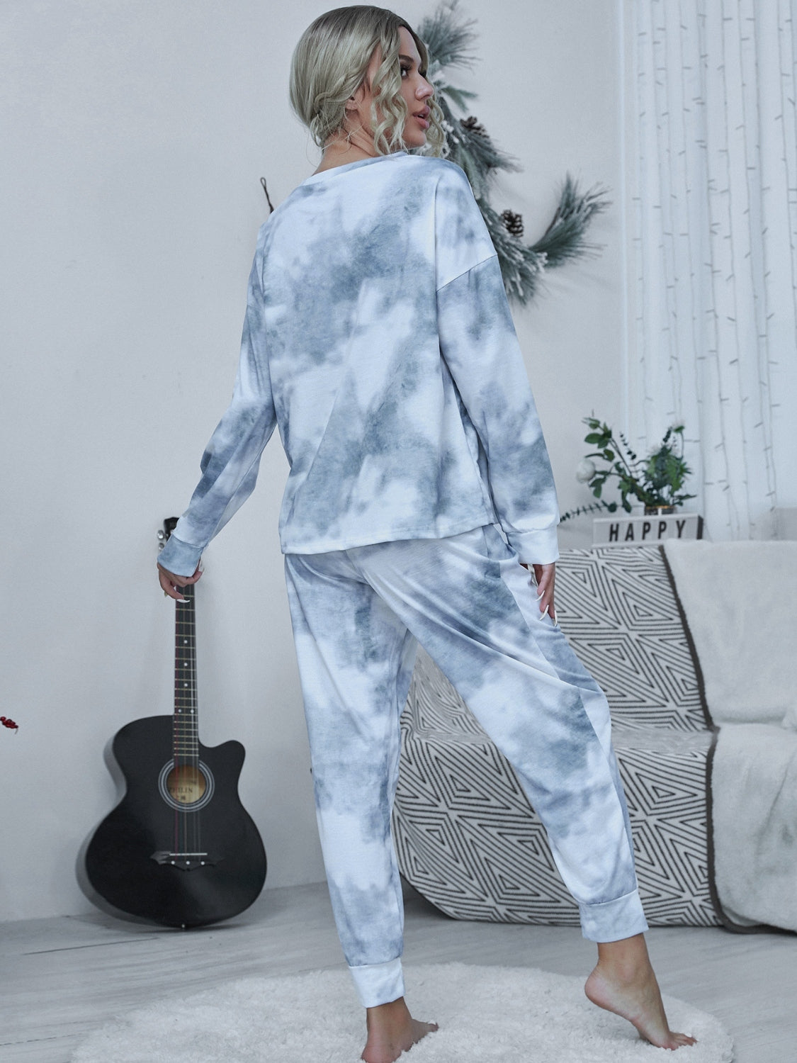 Shiny Tie-dye Round Neck Top and Drawstring Pants Lounge Set