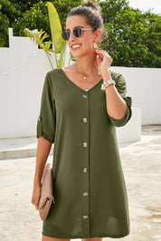 Buttoned V-Neck Dress