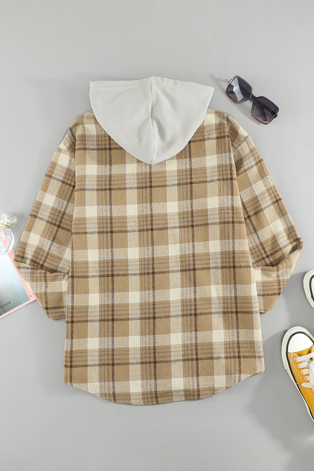 Plaid Button Up Long Sleeve Hooded Jacket