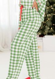 Plaid Collared Neck Long Sleeve Top and Pants Set