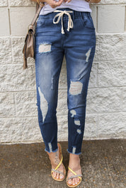 Drawstring Distressed Raw Hem Jeans with Pockets