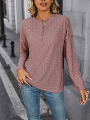 Perfee Eyelet Round Neck Long Sleeve Top